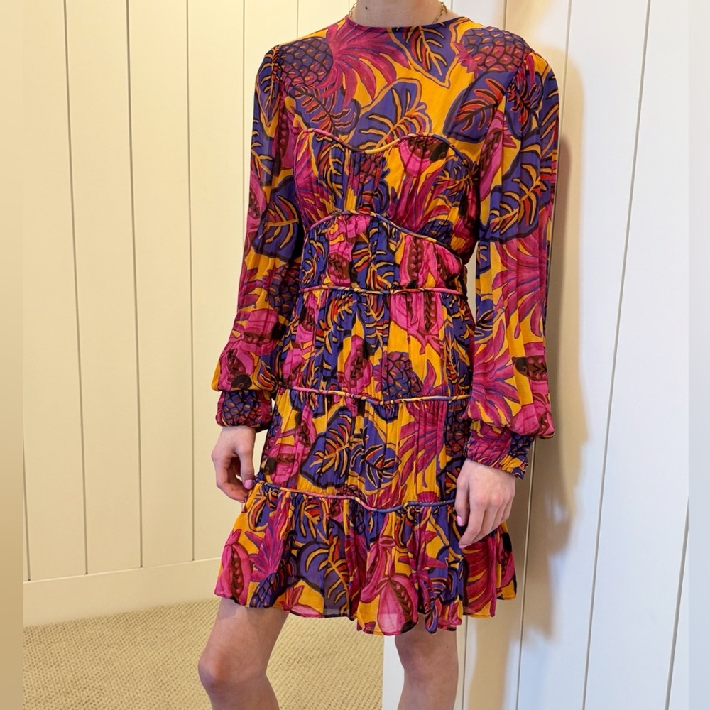 Farm Rio Tropical Botanical Tiered Mini Dress XS Pink Orange Long Sleeve